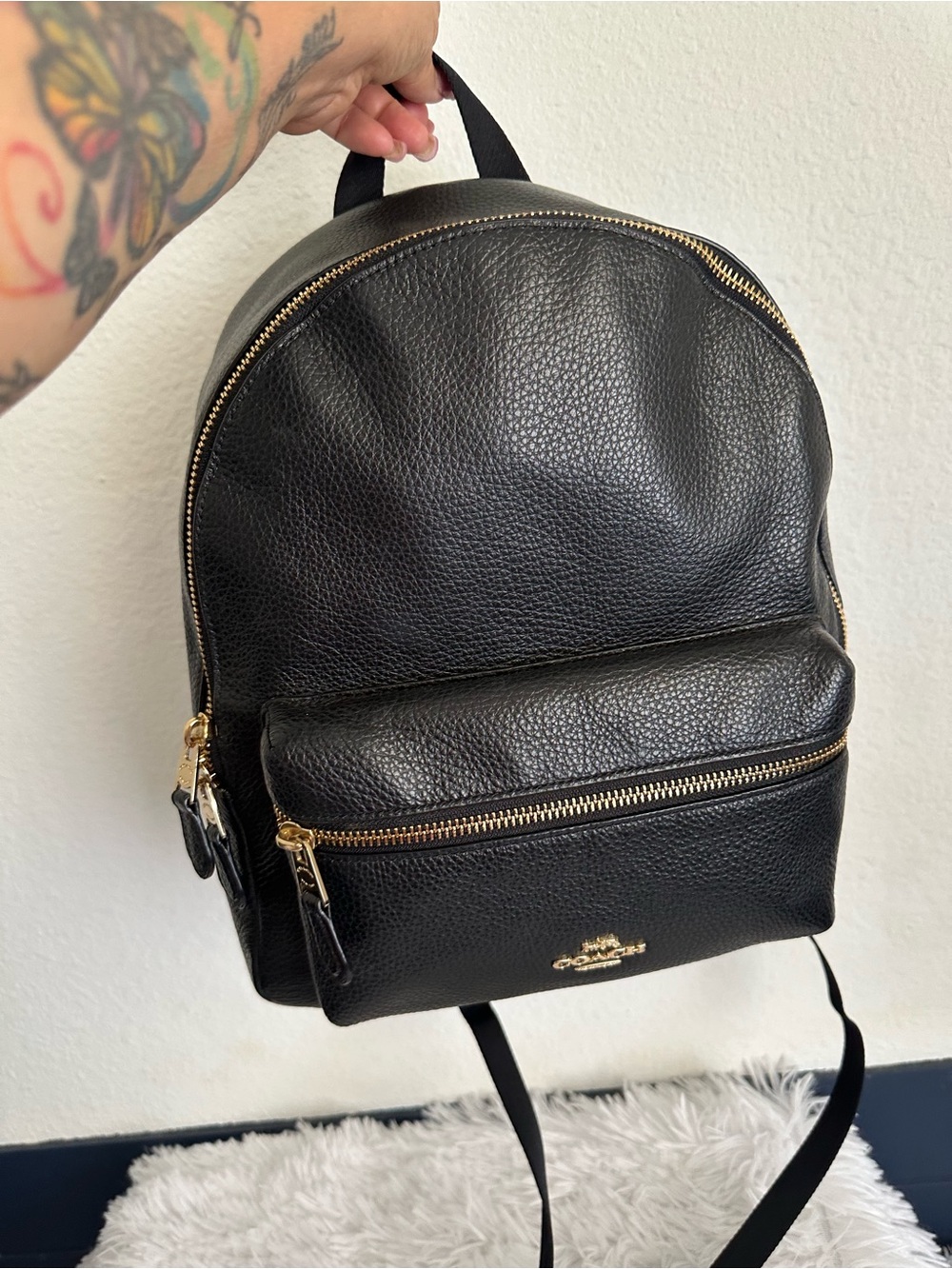 Coach Black Pebbled Leather Medium Backpack